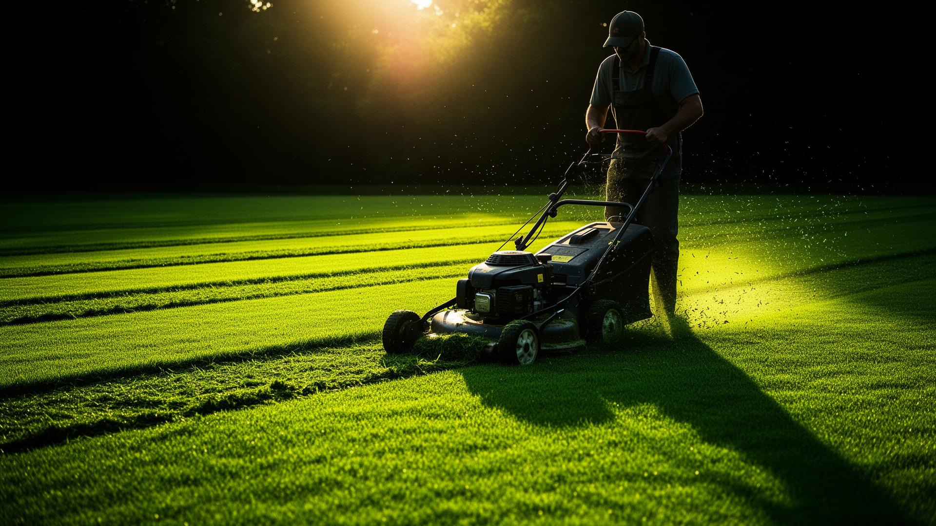 Professional lawn care at golden hour